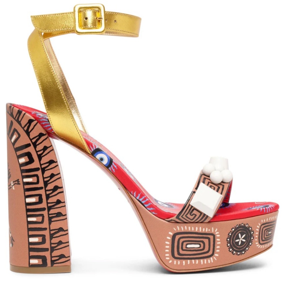 Christian Louboutin Gold and Red Platform Shoes with Chunky Heel